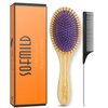 Sofmild Bamboo Wooden Paddle Hair Brush Comb Set, Hairbrushes for Women Men Kid Detangling Hair Massaging Scalp with Round Tip Bristles for All Hairstyles(Purple Wooden)