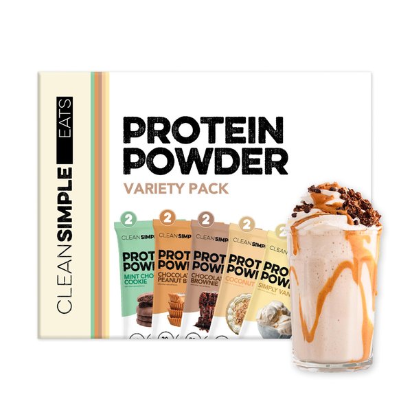 Clean Simple Eats Whey Protein Powder, Variety Pack, Naturally Sweetened Flavors, 100% Grass Fed Protein Powder with Digestive Enzymes & No Artificial Ingredients, Gluten Free, 10 Single Serve Packs