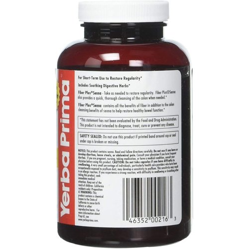 Yerba Prima Fiber Plus Senna Capsules, 180 Count - Gentle Overnight Relief, USA Made, Non-GMO, Gluten-Free