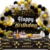 Trgowaul Birthday Party Decorations for Men Women - Black Gold Happy Birthday Banner Backdrop, 2 Pcs Happy Birthday Tablecloth, 60 Pc Latex Confetti Balloons, Birthday Party Supplies in Black Gold