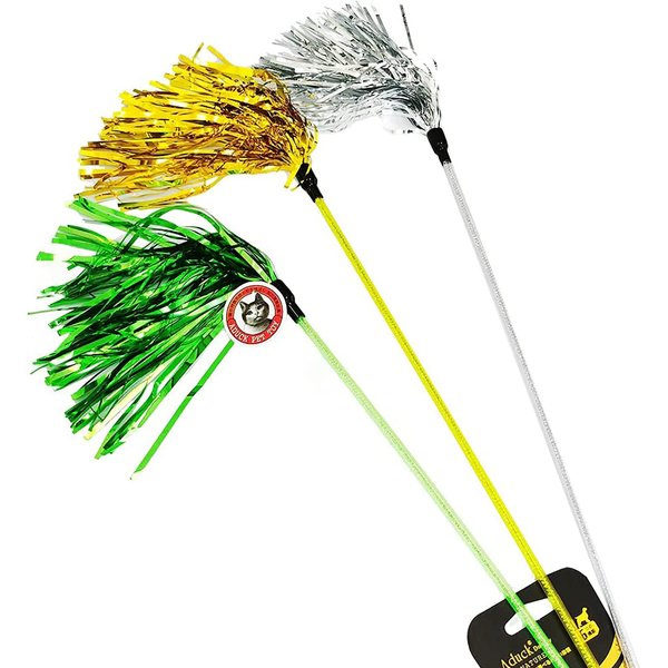 ADUCK Cat Toys Interactive Teaser Wand Toy with Tassels Worms Catcher for Cats Kitten (Pack of 3 Gold + Silver + Green)