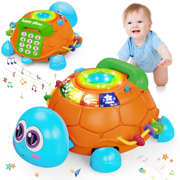 Ussybaby Infant Baby Toys 6 to 12 Months, Musical Turtle Crawling Baby Toys for 12-18 Months, Phone Hand Drum Toy, Baby Toys 7 8 9 10 11 Months 1-2 Year Old Toys Infant Baby Boy Gift (Blue)