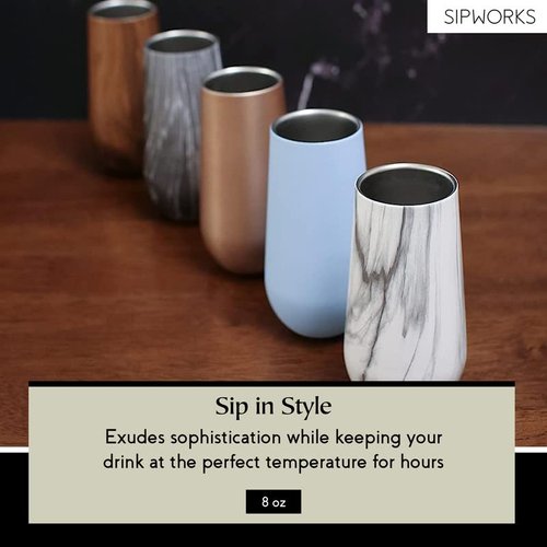 Sipworks Champagne Tumbler - 8oz Stainless Steel Wine Tumbler with Double Walled Vacuum Insulation - Spill Resistant, Shatterproof Insulated Champagne Flutes for Travel & Parties - Mahogany