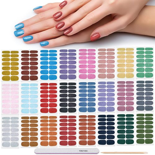 DANNEASY 24 Sheets Glitter Nail Polish Stickers Full Nail Wraps for Women Self Adhesive Nail Polish Strips Gel Nail Strips Stick on Nails Manicure Kit with Nail File, Cuticle Stick