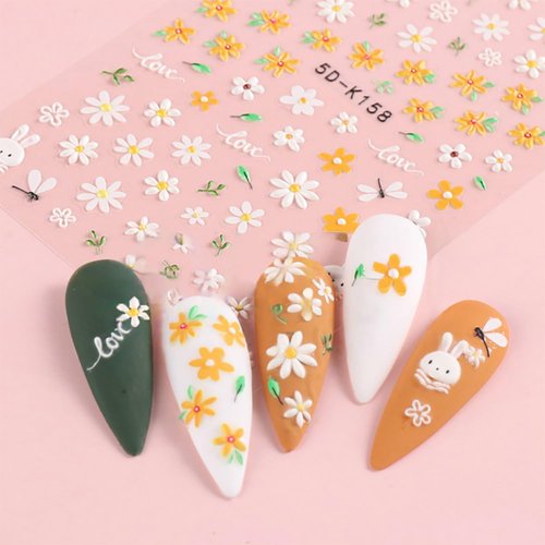 3 Sheets Flower Art Stickers 5D Spring Daisy Nail Art Designs Self Adhesive Nail Supplies White Yellow Colorful Flower Nail Stickers for Women Nail Decoration