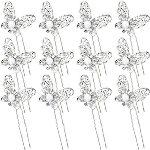 12 Pieces Butterfly Hair Pin Butterfly Hair Clips Crystal Pearl Hair Clips Bridal Wedding Hair Pins Bride Headwear Hair Accessories for Women Girls (Charming Style)