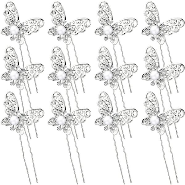 12 Pieces Butterfly Hair Pin Butterfly Hair Clips Crystal Pearl Hair Clips Bridal Wedding Hair Pins Bride Headwear Hair Accessories for Women Girls (Charming Style)