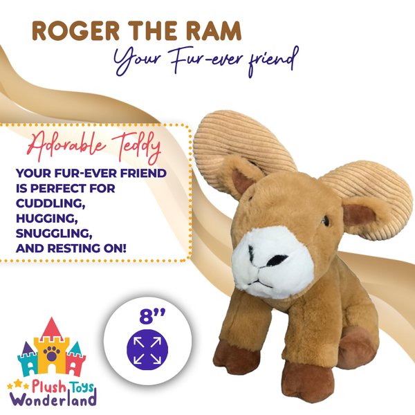 Roger The Ram Plush Toy - 8-Inch Soft Stuffed Animal - Adorable Gift for Kids - Cute Farm Animal Toy