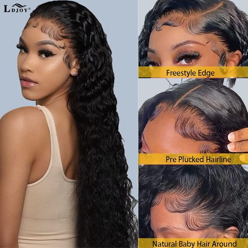 LDJOY Water Wave Lace Front Wigs Human Hair 13x4 Lace Frontal Curly Wigs for Black Women 180% Density HD Lace Front Wigs Human Hair Pre Plucked with Baby Hair Natural Hairline 18 Inch