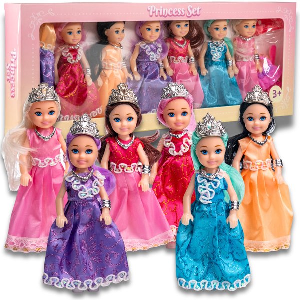 TOMLEON Princess Dolls Playset – 6 Mini Princess Dolls with Colorful Gowns, Crowns & Jewelry – Fantasy Role Play Set for Kids with Elegant Dresses, Accessories & Royal-Themed Box – Gift for Ages 3+