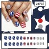 4th of July Press on Nails Short Square Fake Nails with Red White Stripes Fireworks Silver Nail Glitter Designs, Full Cover Independence Day Acrylic False Nails for Women Holiday Glue on Nails 24Pcs