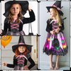 Giegxin Girls Light up Witch Costume Set Toddler Witch Halloween Cosplay Costumes with Hat, Magic Wand and Tote Bag for Party (Medium (7-9yr))