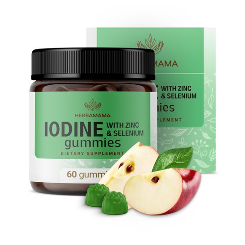 HERBAMAMA Iodine Gummies - Potassium Iodine, Zinc & Selenium for Immune Defense & Brain Support - Vegan, Non-GMO Immune Support Supplement - 60 Pectin-Based Apple-Flavored Chews
