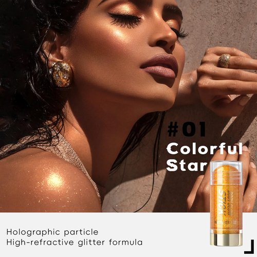 HOSAILY Body Glitter Shimmer Stick, Shiny Glow Jelly Cream Highlighter Stick Eye Lip Face Brighten, Moisturizing Long Lasting Body Luminizer, Singer Concert Music Rave Festival Illuminator Makeup-Gold