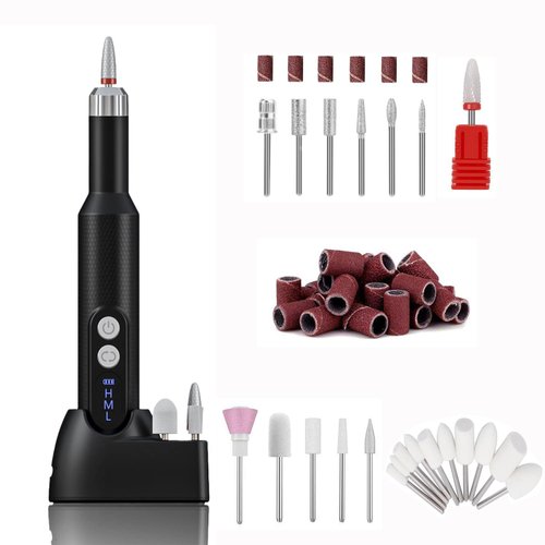Electric Nail Drill Drill Para Uñas Profesional Portable Electric File Machine with 10 Attachments & 10 Sanding Bands Drill for Nails Kit for Acrylic Toe Nail Grinder for Thick Toenails (Black)