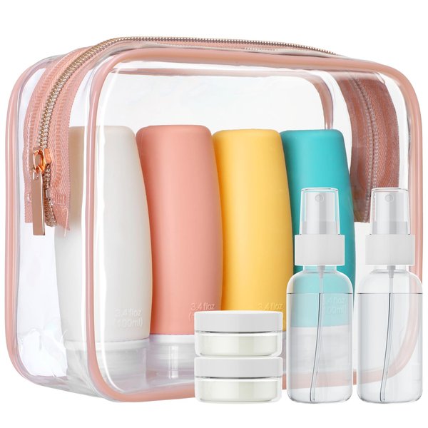 PACKISM TSA Approved Toiletry Bottles - 9 Pack Leakproof 3.4oz Silicone Travel Bottles for Toiletries, Travel Accessories with Clear Makeup Bags for Shampoo Conditioner Lotion Body Wash BPA Free