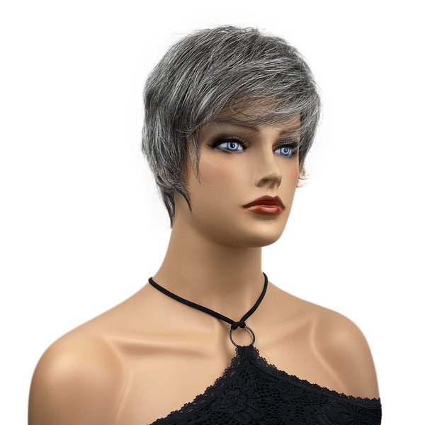 Wiginway Short Straight Wigs 6 inches Pixie Cut with Bangs Layered Synthetic Wigs for Women (Black Mixed Gray)