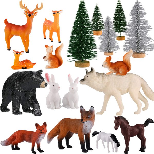 Skylety 18 Piece Christmas Wild Forest Animals Creatures Figurines Woodland Animals Figurines Realistic Plastic Woodland Animals Figurines for New Year Birthday Christmas Party