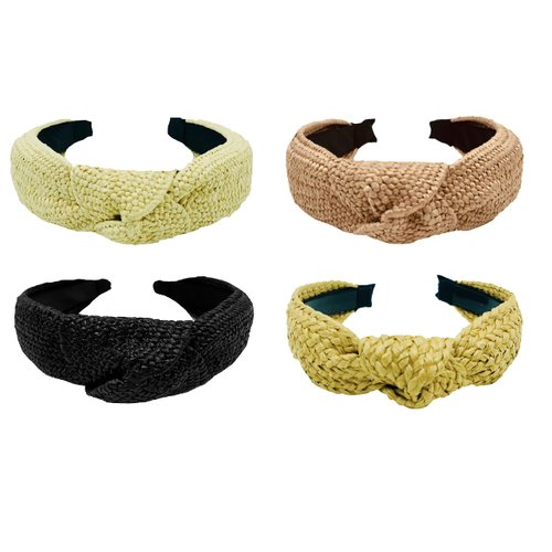 LUX TRENDS Set of 4 Straw Raffia Top Knot Headbands for Women Girls Hair Braided Headbands Knotted Turban Boho Wide Thick Top Knot Beach Summer Bohemian Hairbands