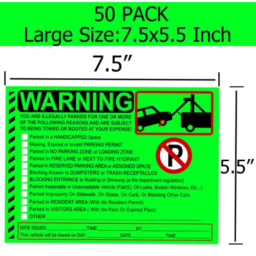 Parking Violation Stickers Notice Parking Violation Stickers Tow Warning You are Illegally Parked Multi Reasons 50 pcs Private Parking Warning Sticker for Car Window Fluorescent Green 5.5X7.5 inch