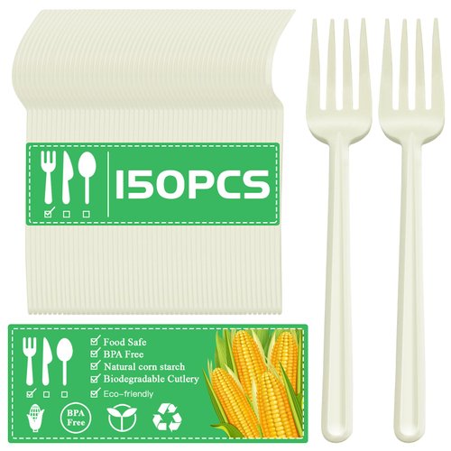 150 Pack 7 Inch Compostable Disposable Forks No Plastic Duty Utensils Eco-Friendly Cornstarch Biodegradable Cutlery for party BBQ, Picnic Events,Daily Use.