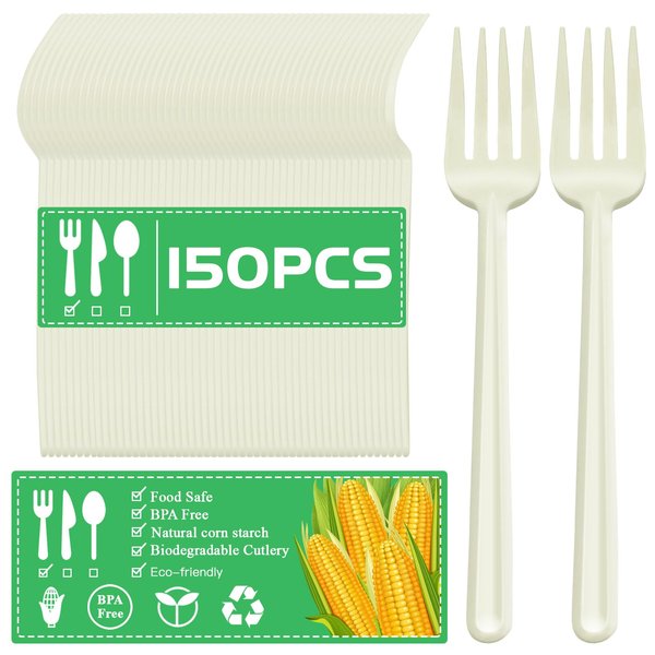 150 Pack 7 Inch Compostable Disposable Forks No Plastic Duty Utensils Eco-Friendly Cornstarch Biodegradable Cutlery for party BBQ, Picnic Events,Daily Use.