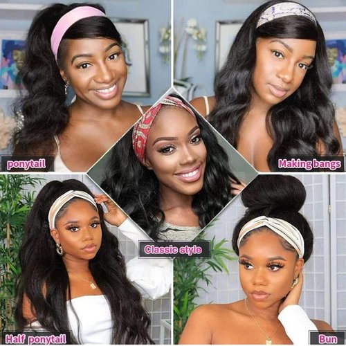 Musileoz Headband Wig Human Hair Body Wave Curly Glueless Wigs for Black Women Brazilian Virgin Hair None Lace Front Wigs Natural Hair Wigs Half Wig Head Band Long Wavy Wigs 150% Density