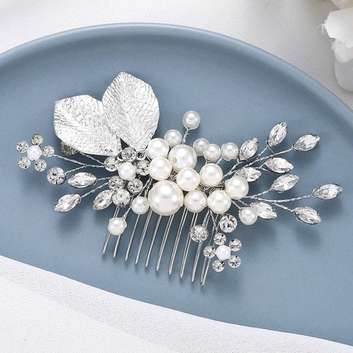 YBSHIN Bride Pearl Hair Comb Sliver Rhinestone Flower Hair Pieces Crystal Bridal Side Combs Leaf Wedding Hair Accessories for Women and Girls