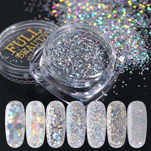 Holographic Nail Art Sequins Glitter Kits, KISSBUTY 8 Boxes Holographic Nails Powder Nail Art Sequins Metallic Shining Flakes Silver Nail Glitter Set for Nails Art Decoration Holographic Manicure