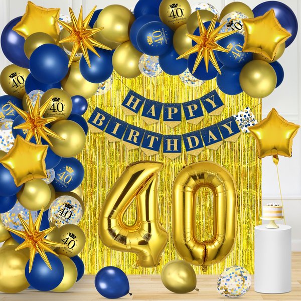 Blue Gold 40th Birthday Decorations Navy Blue Gold Happy 40th Birthday Banner Balloons Arch Kit Star Foil Balloons 40 Foil Balloons Fringe Curtains Backdrop for Men Women 40th Birthday Party Supplies