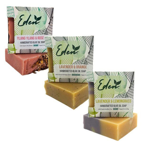 Eden Daily Essentials - Natural Handmade Soap Bar, 3 Pack. All Natural Essential Oils - Handcrafted in USA - Hand cut to Approx. 5oz each bar, 3 Pack (Floral)