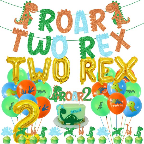 Dinosaur 2nd Birthday Party Decorations for Boys and Girls, Green Dinosaur with ROAR TWO REX Banner and Dinosaur Latex Foil Balloons Cake Toppers for 2 Years Old Boys Girls Birthday Party Supplies