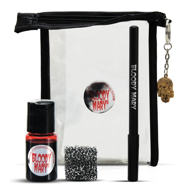 Vampire SFX Makeup Kit - Wicked Bite Special Effects Face Makeup Set with 1/2 Oz. Extra Thick Fake Blood, Black Pencil Liner, Stipple Sponge and Zipper Bag for Halloween or Stage - Bloody Mary