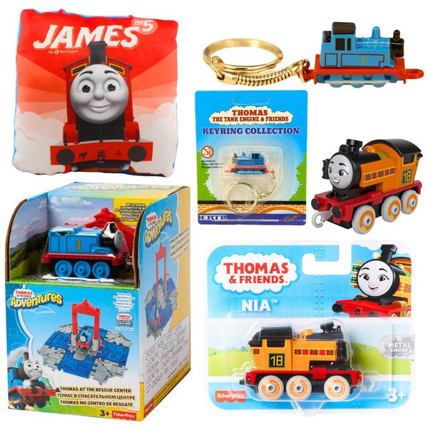 Thomas & Friends Toy Figure Playset, Diecast Keyring, Pillow, & Diecast Engine Figure Bundles - Set 9 - Rescue Center Playset, Diecast Keyring, Nia Diecast Metal Engine Figure, & James 12cm Pillow