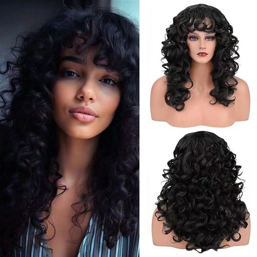 CanLux Curly Wigs for Black Women with Bangs Long Glueless Wig 22 inch Black Curly Wig Heat Resistant