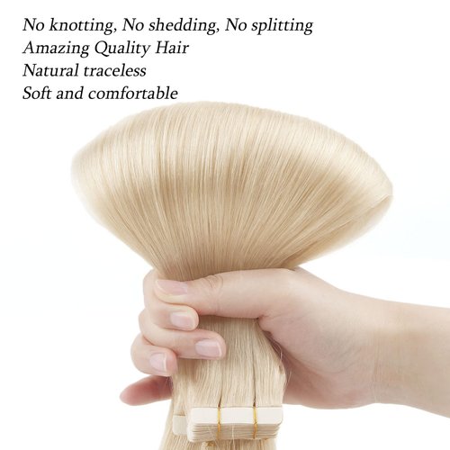ABH AmazingBeauty Hair Tape in Hair Extensions Human Hair Semi-permanent Tape Attached Real Remy Tape Extensions 50g 20pcs Invisible Seamless Reusable Skin Weft Platinum Blonde Color 60 18 Inch
