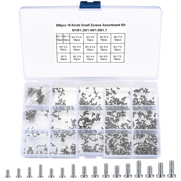 woshilaoDS 800Pcs Tiny Screws for Electronics, Micro Small Mini Phillips Pan Head Machine Screws Assortment Kit for Eyeglasses, Watches, Clocks, Mobile Phone, M1/M1.2/M1.4/M1.6/M1.7