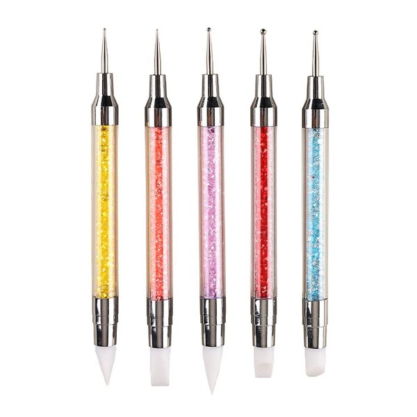 FULINJOY 5PCS Dual-Ended Nail Art Sculpture Pen Dotting Tools, Silicone Nail Polish Brushes Stainless Steel Carving Drawing Dotting Tool, Acrylic Rhinestone Handle, Nail Art Tools