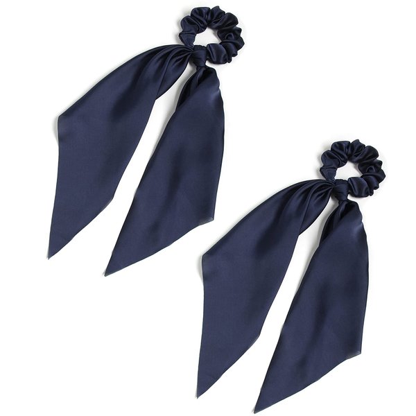 Pack of 2 Knotted Bow Hair Scrunchies Elastic Hair Scarf Black Hair Ties Bands Satin Hair Ribbon Scrunchy Red Ponytail Holder for Women and Girls (Navy blue)