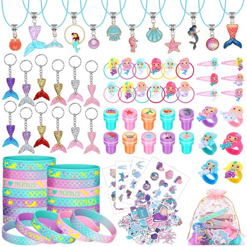 Capoda 158 Pieces Mermaid Party Favors Set for Girls Mermaid Birthday Supplies Necklaces Pendants Keychains Stampers Wristband Hair Rings Hairpins Stickers Colorful Rings Organza Gifts Bags