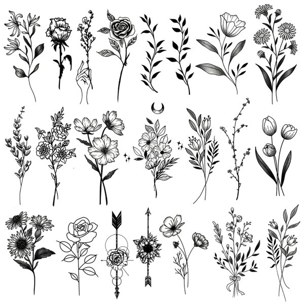 Medium Black Flower Temporary Tattoos - Realistic Long Lasting Waterproof Tattoos - Floral Bouquet Wild Plants and Branch Tattoos for Women and Men