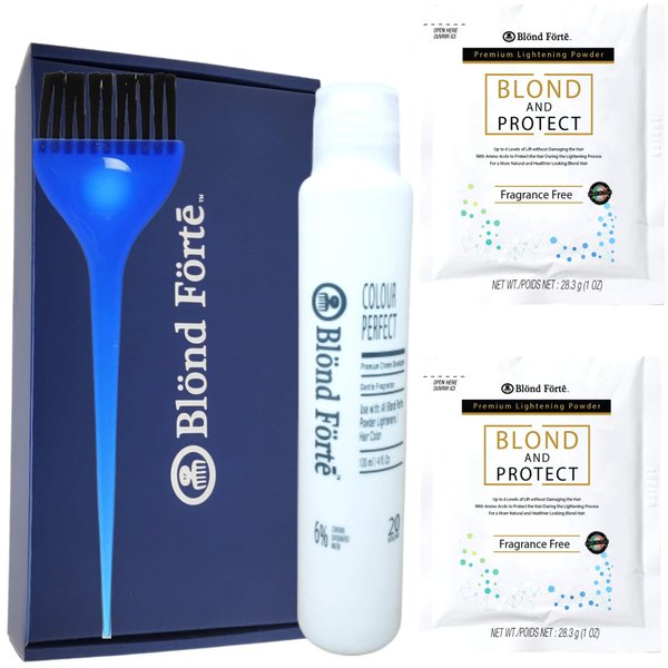 Blond Forte Blond And Protect DIY Hair Lightening Kit 8+ Level Hair Bleach Lightening Kit Combo - 20 Vol Developer (Blue powder)