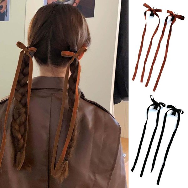 2pair Ribbon Hair Bows Clips Small Hair Claw Clips Velvet Hair Ribbon Clips Elegant Black Khaki Bows Hair Clip with Long Tail for Women Girls Teens Ladies Thick Thin Hair