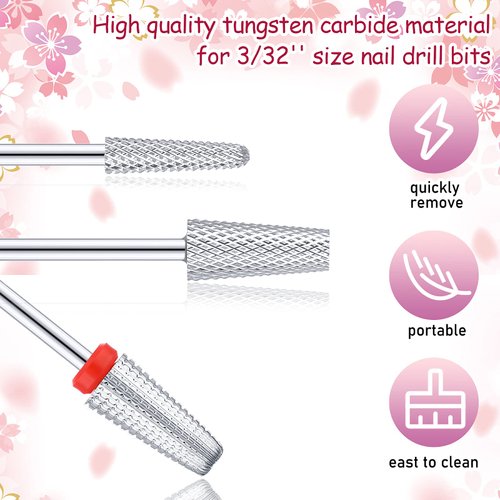 3 Pieces Nail Drill Bits Set, Nail Carbide 5 in 1 Bit, Tapered Barrel Carbide Nail Drill Bit, 3/32 Inches Cone Shape Carbide Bit Carbide Nail Drill Bits for Acrylic or Gel Remover (Silver)