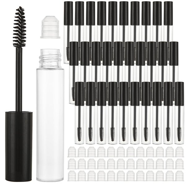 YAYODS 50 Pack 10 ml Clear Plastic Empty Mascara Tubes and Wand Refillable Eyelash Cream Container Bottle with Rubber Inserts for Castor Oil, DIY Cosmetics