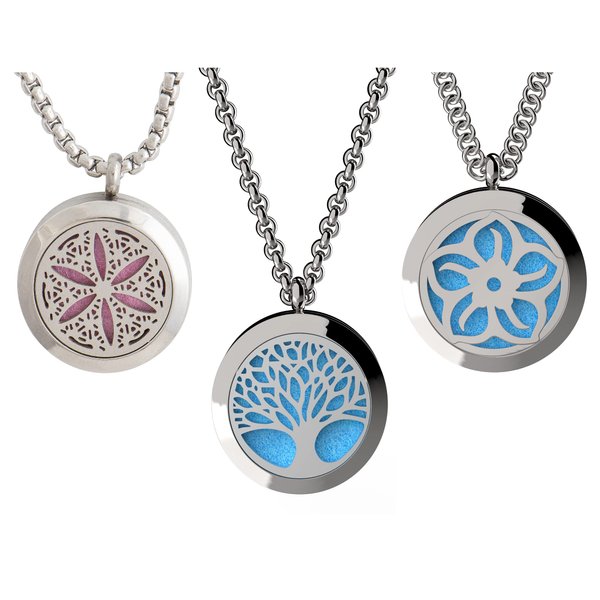 Wild Essentials Necklace 3 Pack Tree Of Life, Flower of Life and Lotus Flower Essential Oil Diffuser Necklace Stainless Steel Locket Pendants, 24 inch Chains and 36 Refill Pads, Color Changing Jewelry
