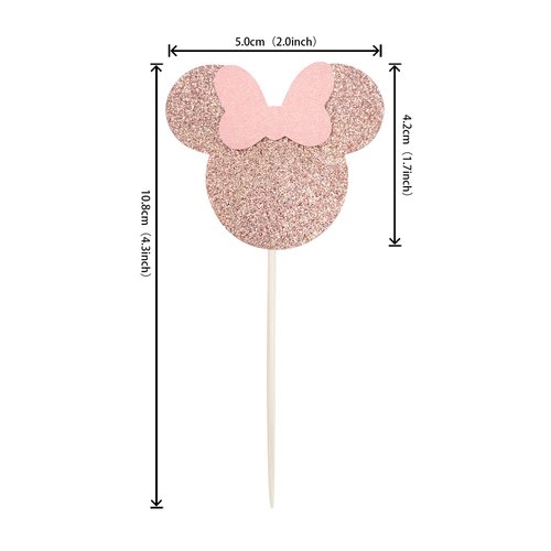 24 PCS Mouse Inspired Cupcake Toppers with Pink Bow Rose Gold Glitter Mini Cupcake Picks Decorations for Baby Shower Wedding Kids Birthday Party Supplies