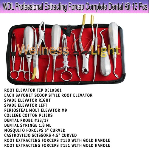 WellnessD'Light - Professional Extracting Forcep Complete Dental Kit Health Care Beauty Tools Instrument 12 Pieces Stainless Steel