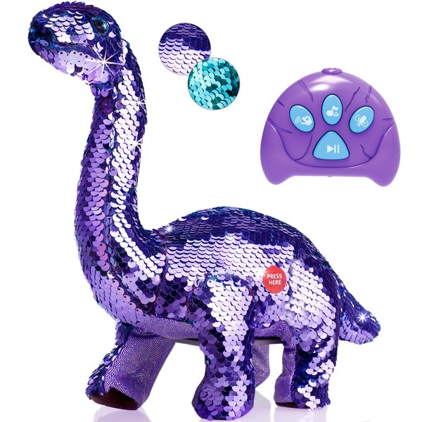 Koonie Dinosaur Toys for Girls, 2 Year Old Girl Toys, Purple Dinosaur Remote Control Reversible Sequins Dinosaur Toy Can Repeat Walk Roar Sing, Christmas Birthday Gifts for 2-7 Years Old Kids Toddler