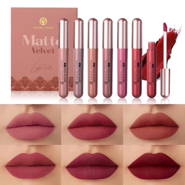 YOUNG VISION 6-Pc Matte Nude Liquid Lipstick Set - Long-Lasting & Pigmented Shades, Lip Gloss Bundle Gift Collection for Girls/Women